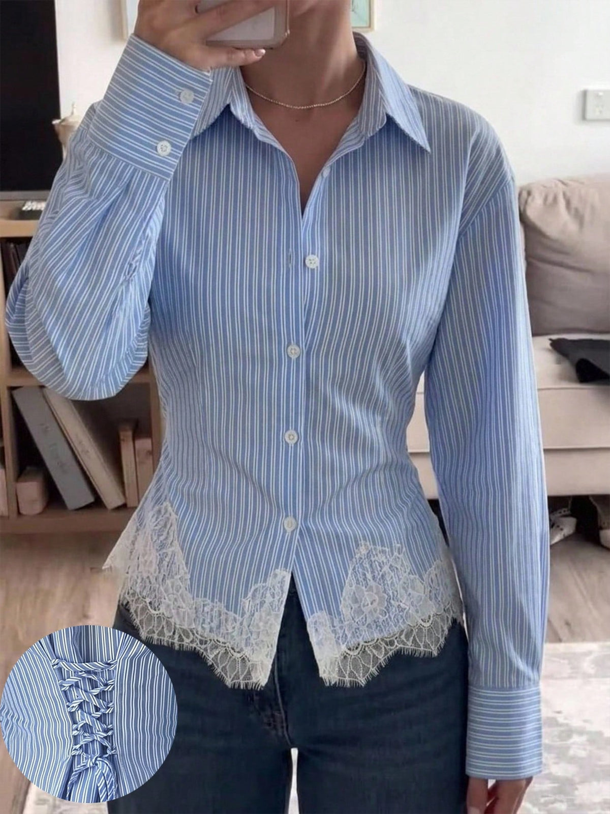 Firerie Women's Blue And White Striped Long Sleeve Shirt, Back Ruched Shirt, Daily Commute Shirt, Vacation Shirt, Waist-Cinching Striped Shirt, Spring Summer Autumn Winter Clothing Commute, Elegant, V