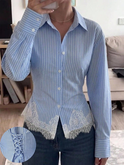 Firerie Women's Blue And White Striped Long Sleeve Shirt, Back Ruched Shirt, Daily Commute Shirt, Vacation Shirt, Waist-Cinching Striped Shirt, Spring Summer Autumn Winter Clothing Commute, Elegant, V