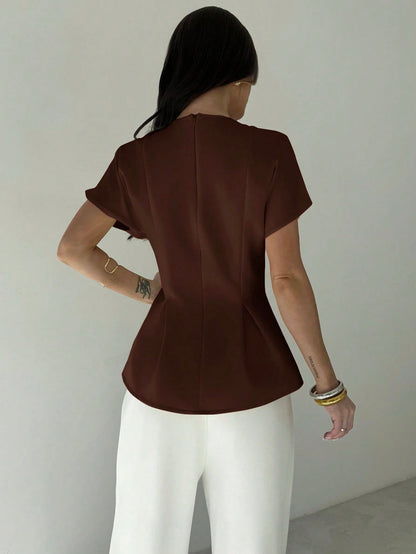 Firerie Women's Dark Brown Autumn Elegant Office Short Sleeve Round Neck Waist Pleated X-Shaped Shirt,Vintage Bamboo Texture Fabric Commuting Versatile Top