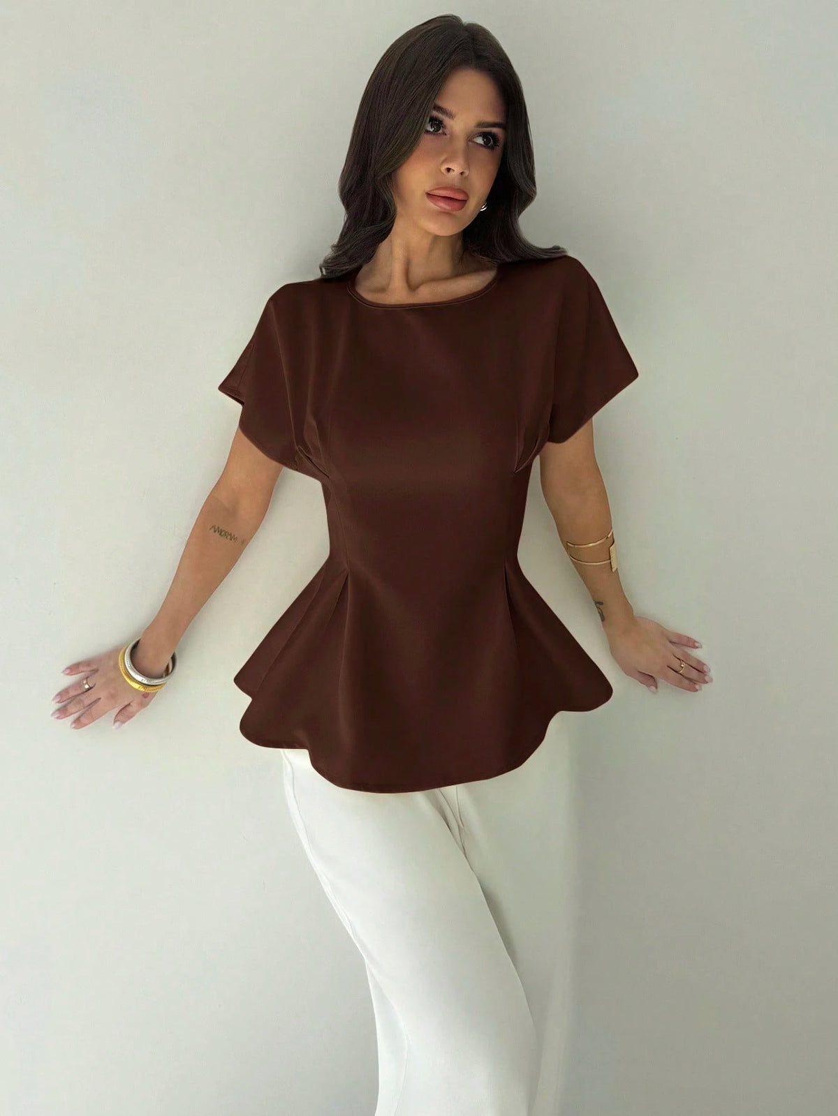 Firerie Women's Dark Brown Autumn Elegant Office Short Sleeve Round Neck Waist Pleated X-Shaped Shirt,Vintage Bamboo Texture Fabric Commuting Versatile Top