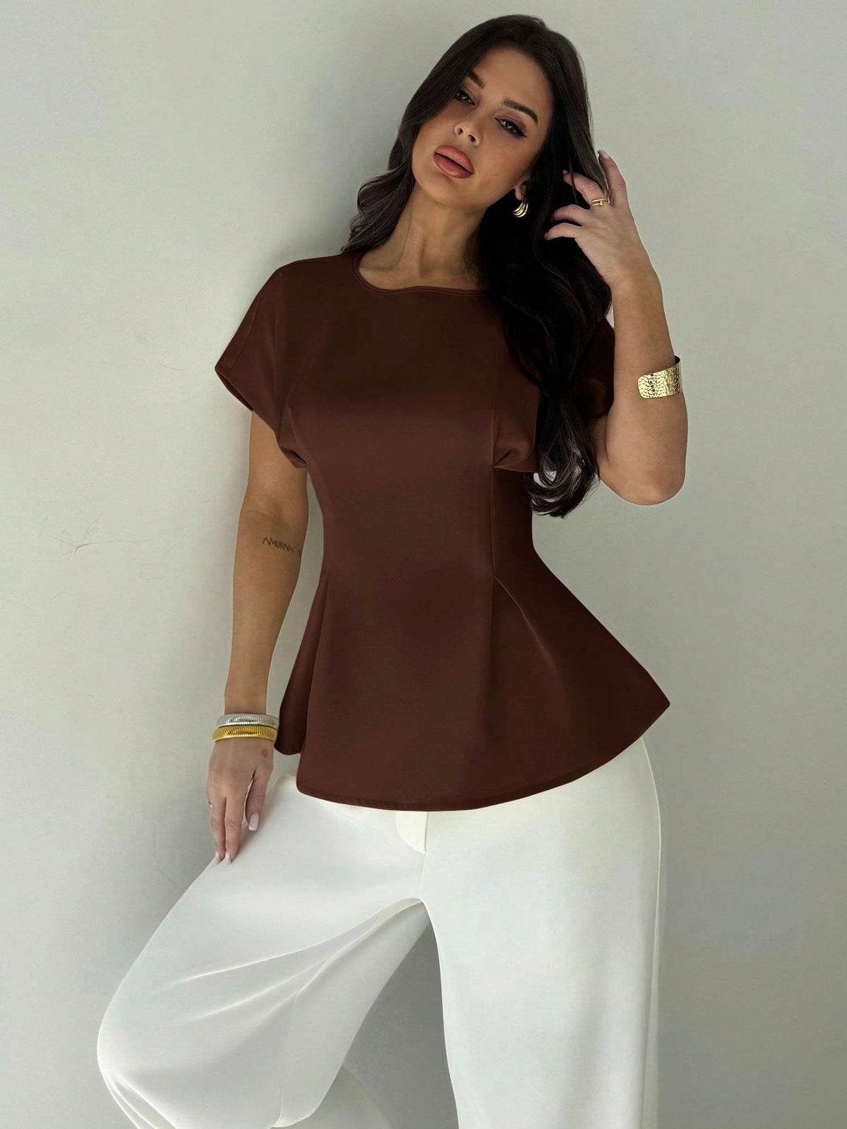 Firerie Women's Dark Brown Autumn Elegant Office Short Sleeve Round Neck Waist Pleated X-Shaped Shirt,Vintage Bamboo Texture Fabric Commuting Versatile Top