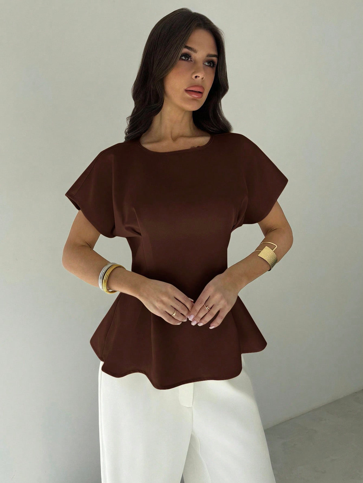Firerie Women's Dark Brown Autumn Elegant Office Short Sleeve Round Neck Waist Pleated X-Shaped Shirt,Vintage Bamboo Texture Fabric Commuting Versatile Top