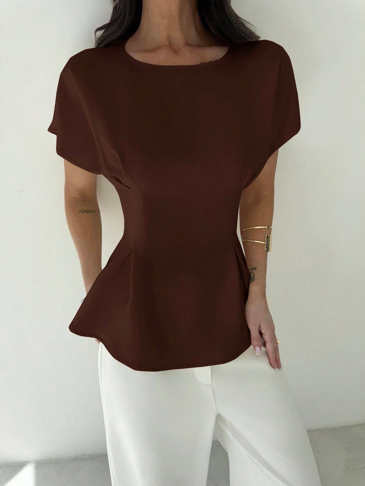 Firerie Women's Dark Brown Autumn Elegant Office Short Sleeve Round Neck Waist Pleated X-Shaped Shirt,Vintage Bamboo Texture Fabric Commuting Versatile Top