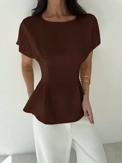 Firerie Women's Dark Brown Autumn Elegant Office Short Sleeve Round Neck Waist Pleated X-Shaped Shirt,Vintage Bamboo Texture Fabric Commuting Versatile Top