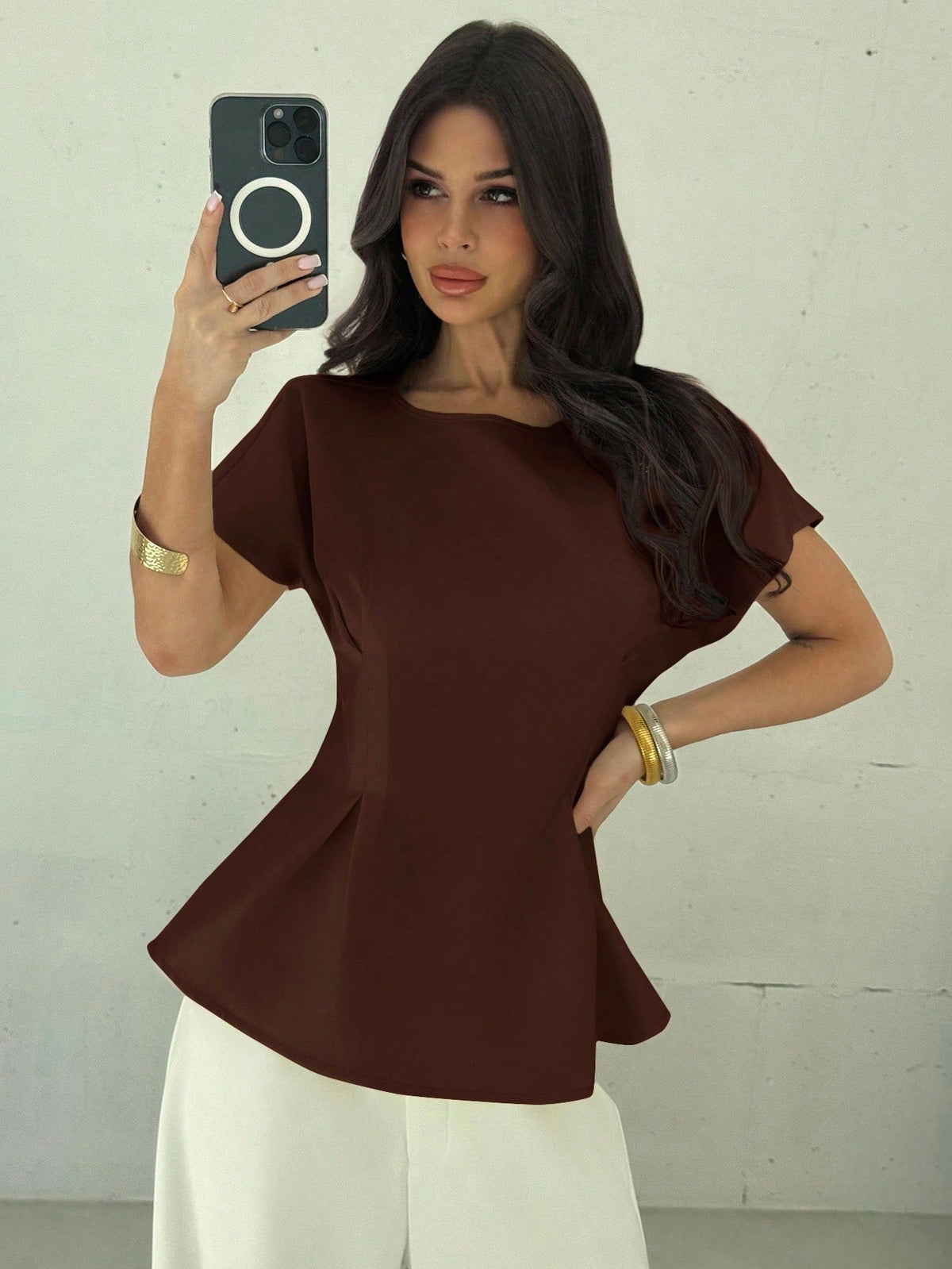 Firerie Women's Dark Brown Autumn Elegant Office Short Sleeve Round Neck Waist Pleated X-Shaped Shirt,Vintage Bamboo Texture Fabric Commuting Versatile Top