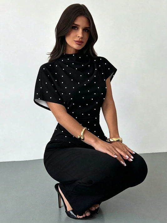 Firerie Women's Elegant Black And White Polka Dot Ruched Collar Asymmetrical Sleeve Side-Ruched Waist Slim Fit Blouse,Summer Office Vintage Chic Top