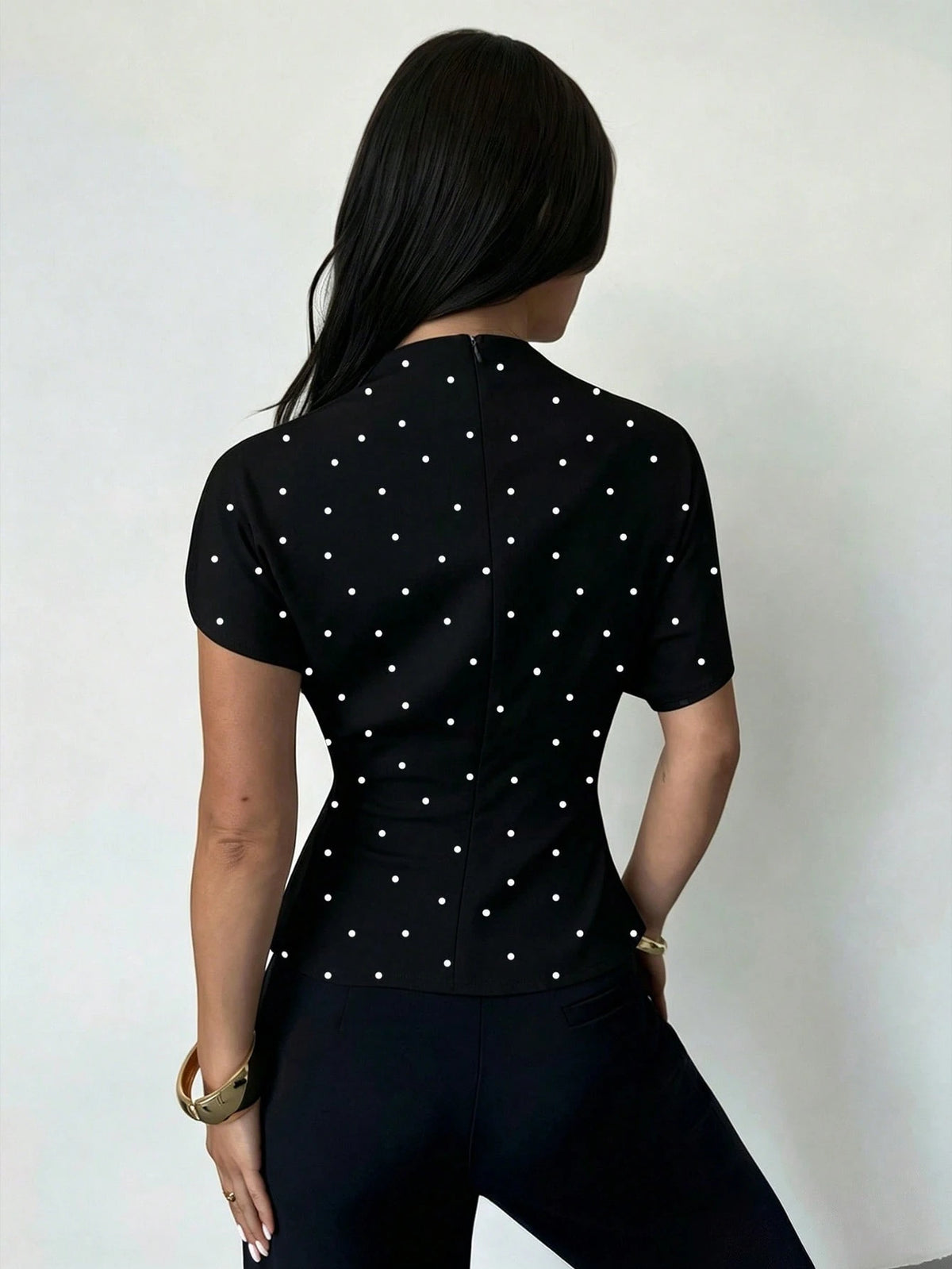 Firerie Women's Elegant Black And White Polka Dot Ruched Collar Asymmetrical Sleeve Side-Ruched Waist Slim Fit Blouse,Summer Office Vintage Chic Top