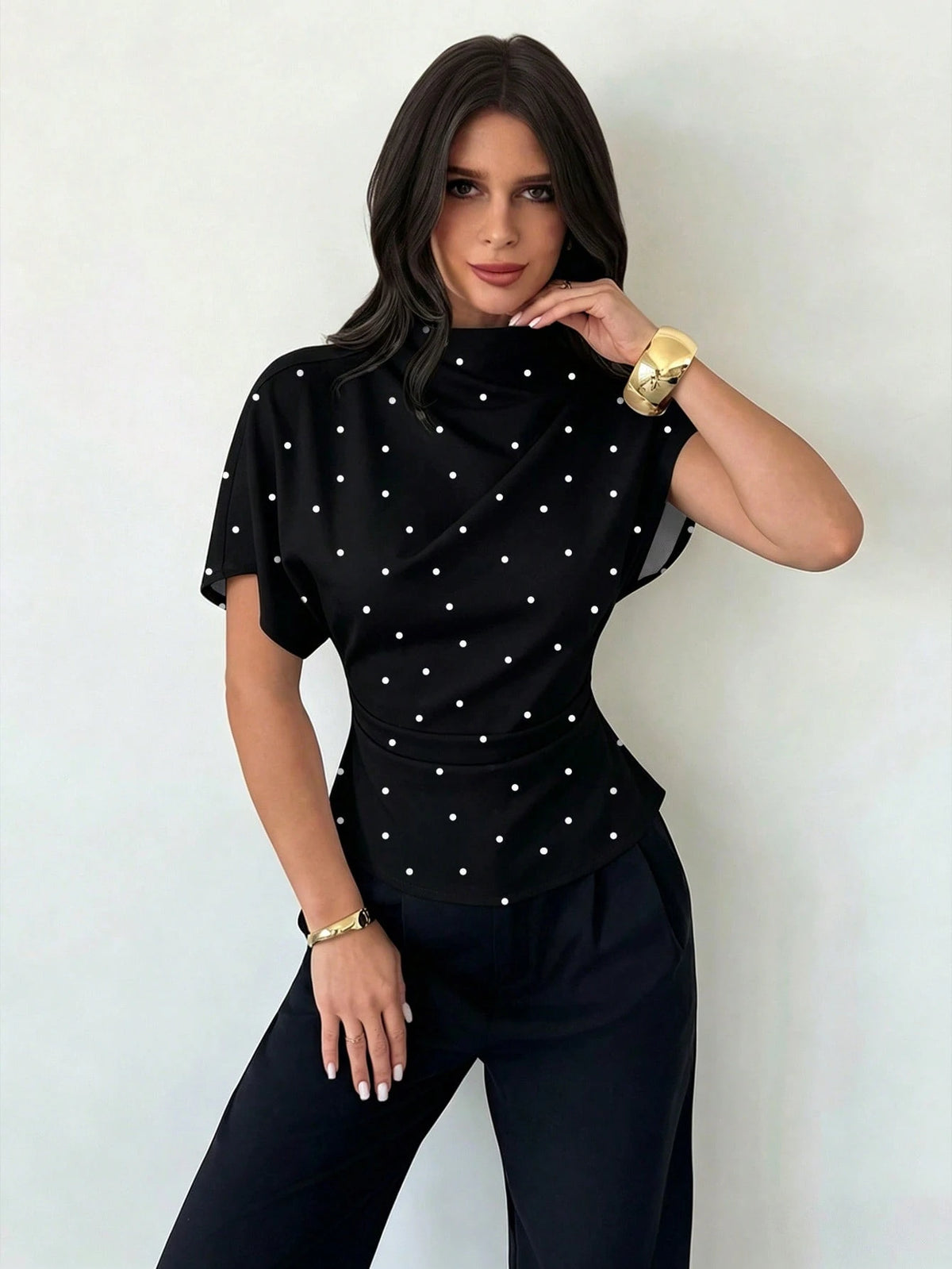 Firerie Women's Elegant Black And White Polka Dot Ruched Collar Asymmetrical Sleeve Side-Ruched Waist Slim Fit Blouse,Summer Office Vintage Chic Top