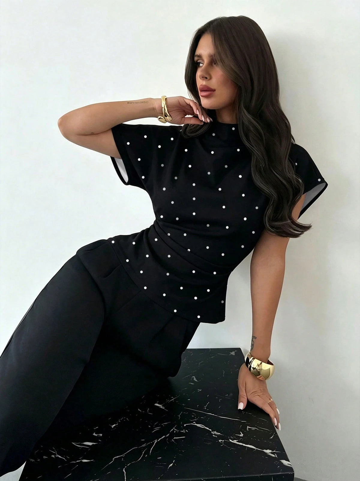 Firerie Women's Elegant Black And White Polka Dot Ruched Collar Asymmetrical Sleeve Side-Ruched Waist Slim Fit Blouse,Summer Office Vintage Chic Top