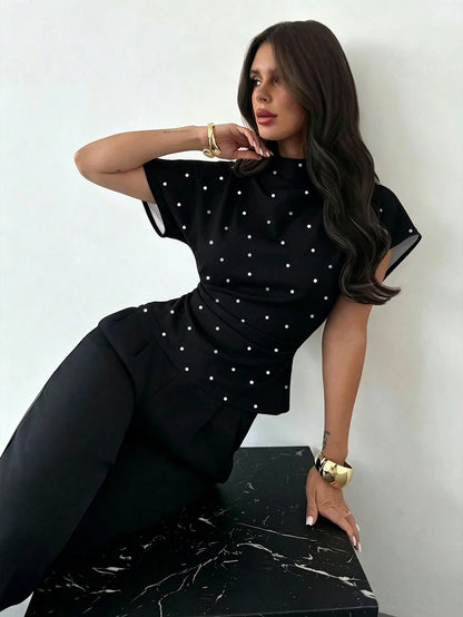 Firerie Women's Elegant Black And White Polka Dot Ruched Collar Asymmetrical Sleeve Side-Ruched Waist Slim Fit Blouse,Summer Office Vintage Chic Top