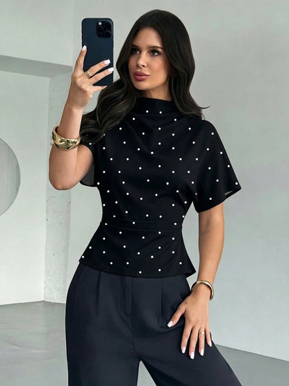 Firerie Women's Elegant Black And White Polka Dot Ruched Collar Asymmetrical Sleeve Side-Ruched Waist Slim Fit Blouse,Summer Office Vintage Chic Top