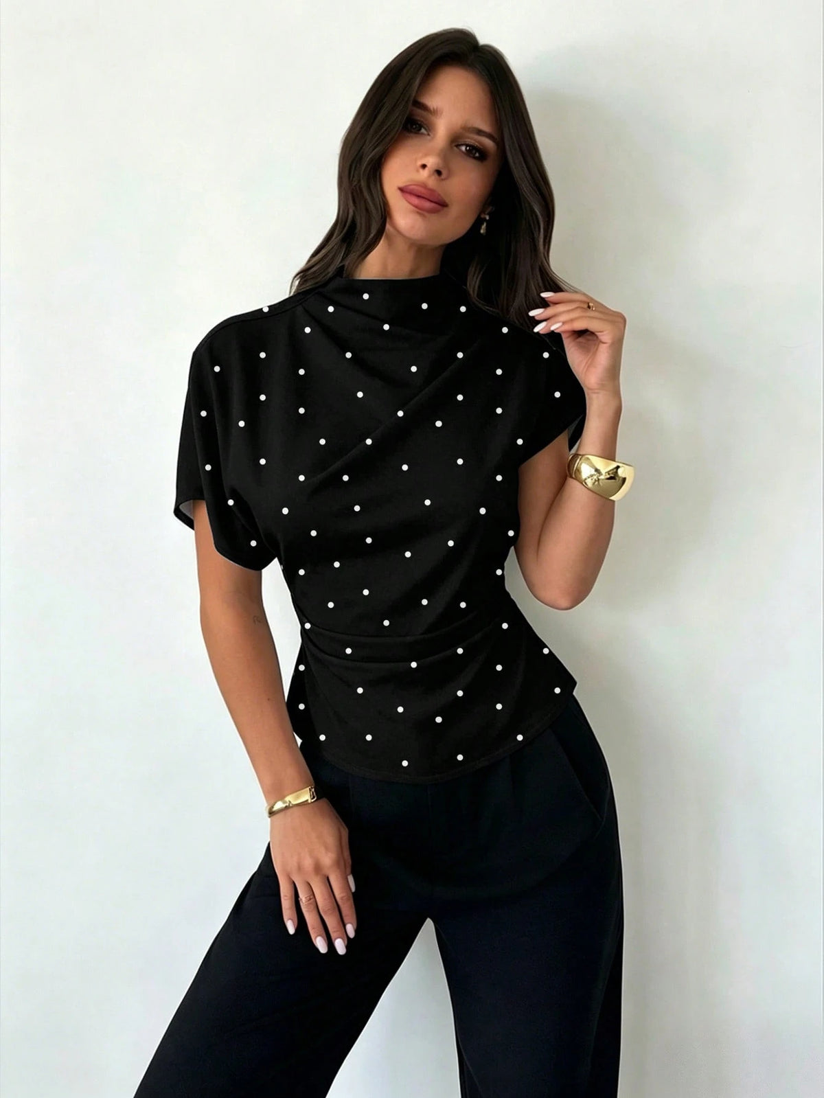Firerie Women's Elegant Black And White Polka Dot Ruched Collar Asymmetrical Sleeve Side-Ruched Waist Slim Fit Blouse,Summer Office Vintage Chic Top
