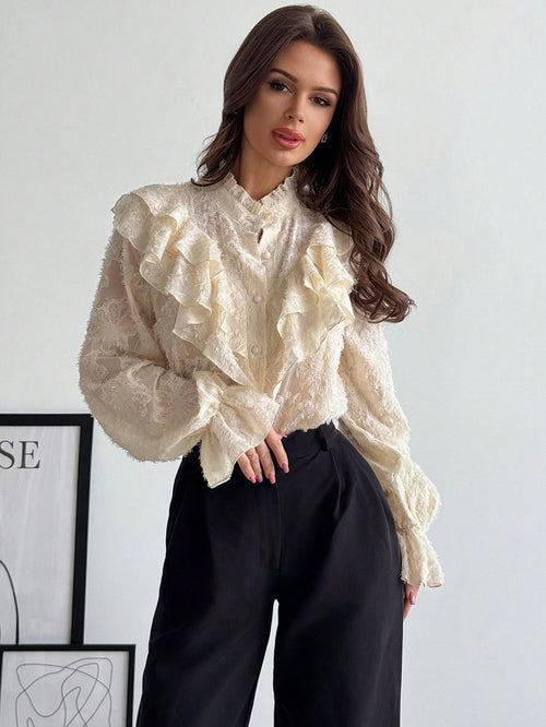 Firerie Women's Elegant Chic Modest Delicate Romantic Retro Palace Style Stand Collar Ruffle Jacquard Textured Button Flare Sleeve Apricot Blouse, Autumn