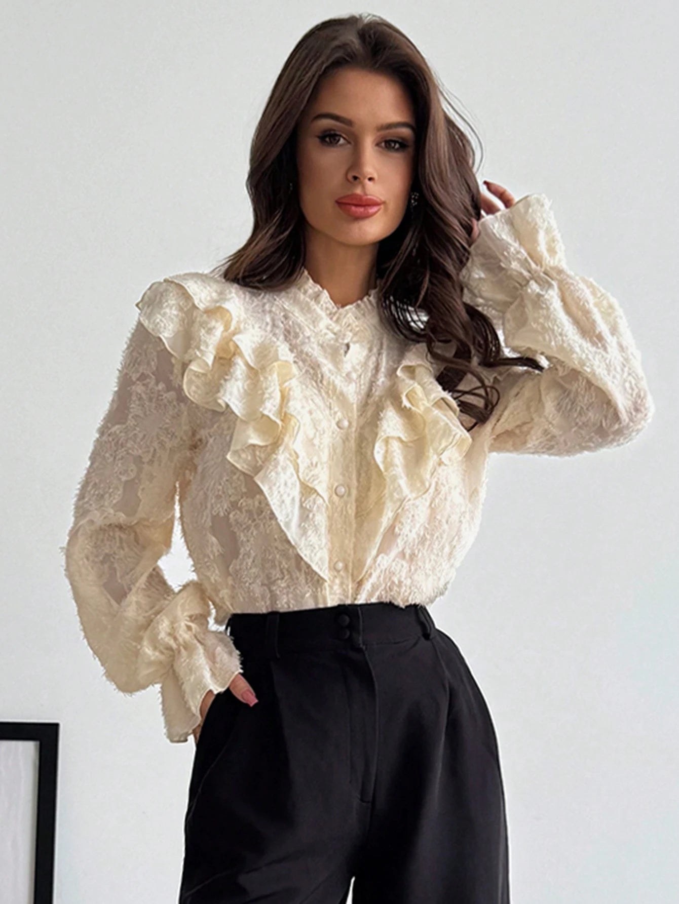 Firerie Women's Elegant Chic Modest Delicate Romantic Retro Palace Style Stand Collar Ruffle Jacquard Textured Button Flare Sleeve Apricot Blouse, Autumn