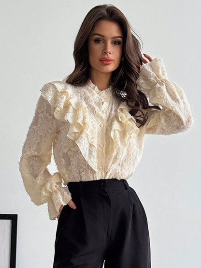 Firerie Women's Elegant Chic Modest Delicate Romantic Retro Palace Style Stand Collar Ruffle Jacquard Textured Button Flare Sleeve Apricot Blouse, Autumn