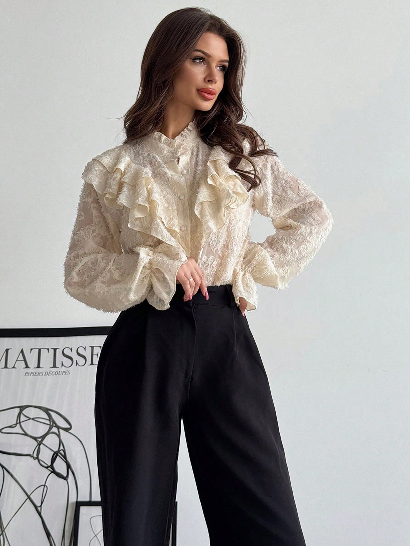 Firerie Women's Elegant Chic Modest Delicate Romantic Retro Palace Style Stand Collar Ruffle Jacquard Textured Button Flare Sleeve Apricot Blouse, Autumn
