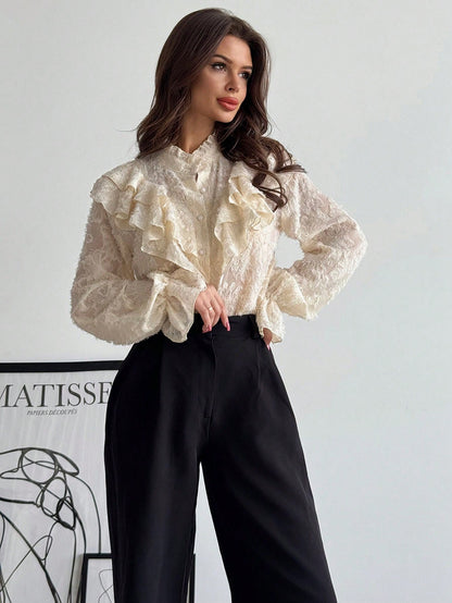 Firerie Women's Elegant Chic Modest Delicate Romantic Retro Palace Style Stand Collar Ruffle Jacquard Textured Button Flare Sleeve Apricot Blouse, Autumn