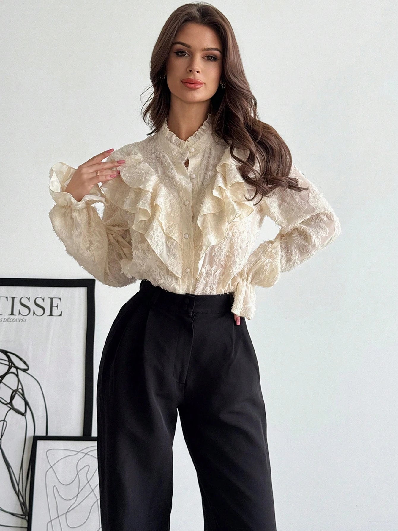 Firerie Women's Elegant Chic Modest Delicate Romantic Retro Palace Style Stand Collar Ruffle Jacquard Textured Button Flare Sleeve Apricot Blouse, Autumn