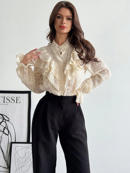 Firerie Women's Elegant Chic Modest Delicate Romantic Retro Palace Style Stand Collar Ruffle Jacquard Textured Button Flare Sleeve Apricot Blouse, Autumn