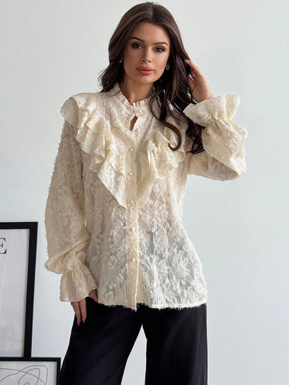 Firerie Women's Elegant Chic Modest Delicate Romantic Retro Palace Style Stand Collar Ruffle Jacquard Textured Button Flare Sleeve Apricot Blouse, Autumn