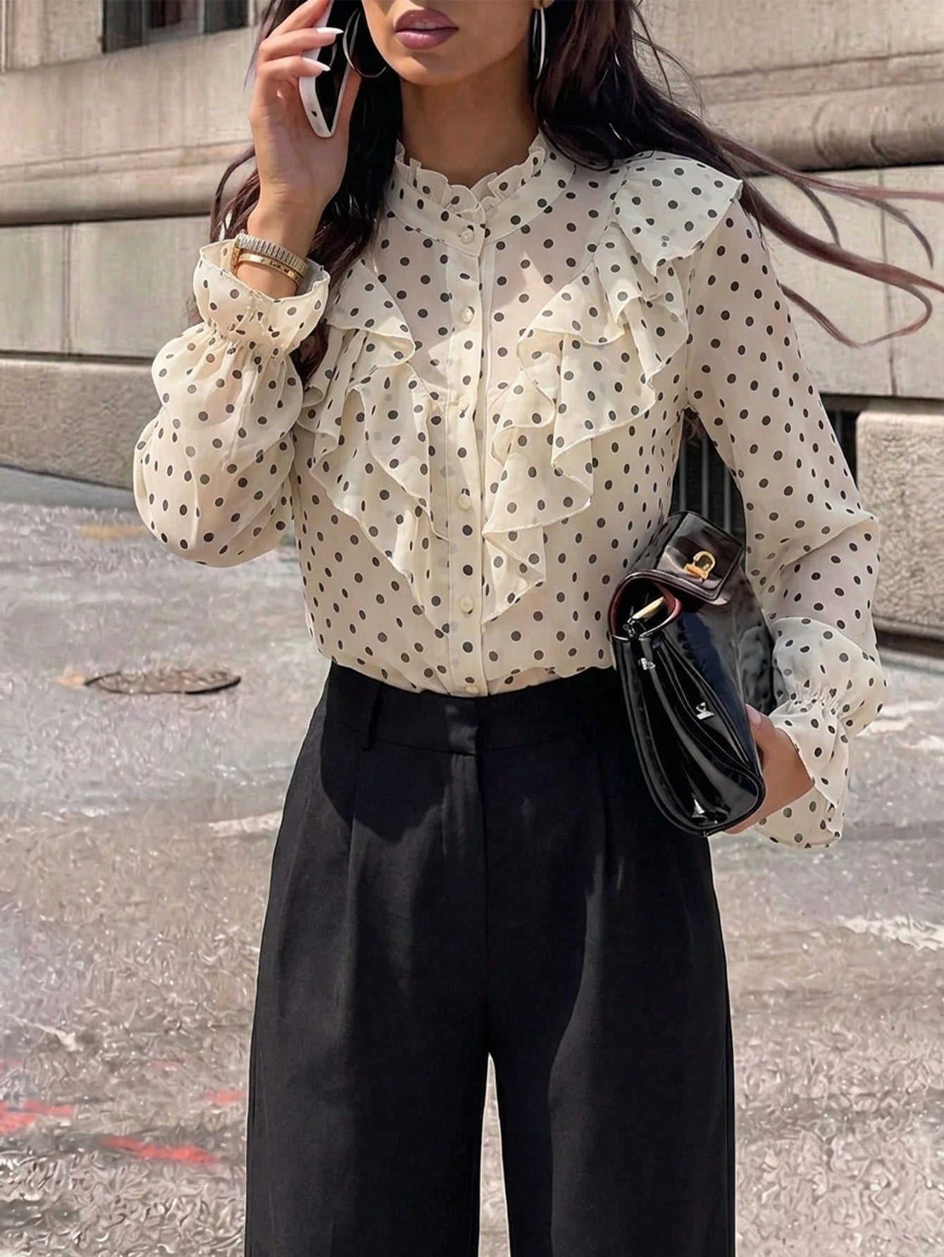 Firerie Women's Elegant Chic Modest Delicate Romantic Retro Palace Style Stand Collar Ruffle Jacquard Textured Button Flare Sleeve Apricot Blouse, Autumn