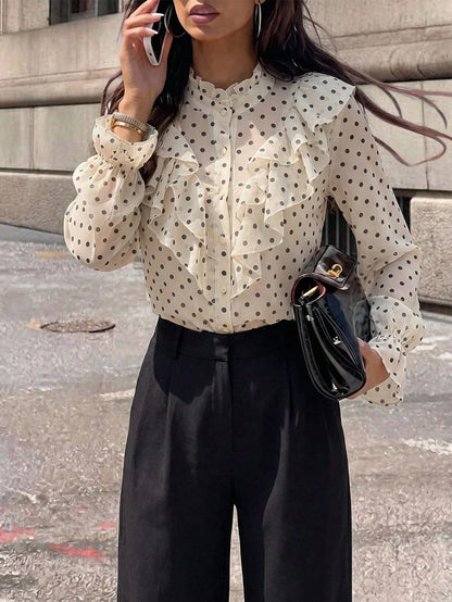 Firerie Women's Elegant Chic Modest Delicate Romantic Retro Palace Style Stand Collar Ruffle Jacquard Textured Button Flare Sleeve Apricot Blouse, Autumn