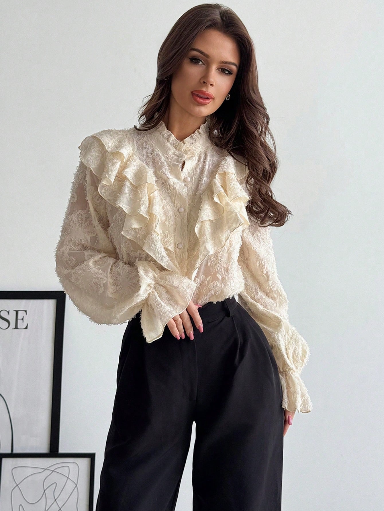 Firerie Women's Elegant Chic Modest Delicate Romantic Retro Palace Style Stand Collar Ruffle Jacquard Textured Button Flare Sleeve Apricot Blouse, Autumn