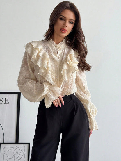 Firerie Women's Elegant Chic Modest Delicate Romantic Retro Palace Style Stand Collar Ruffle Jacquard Textured Button Flare Sleeve Apricot Blouse, Autumn
