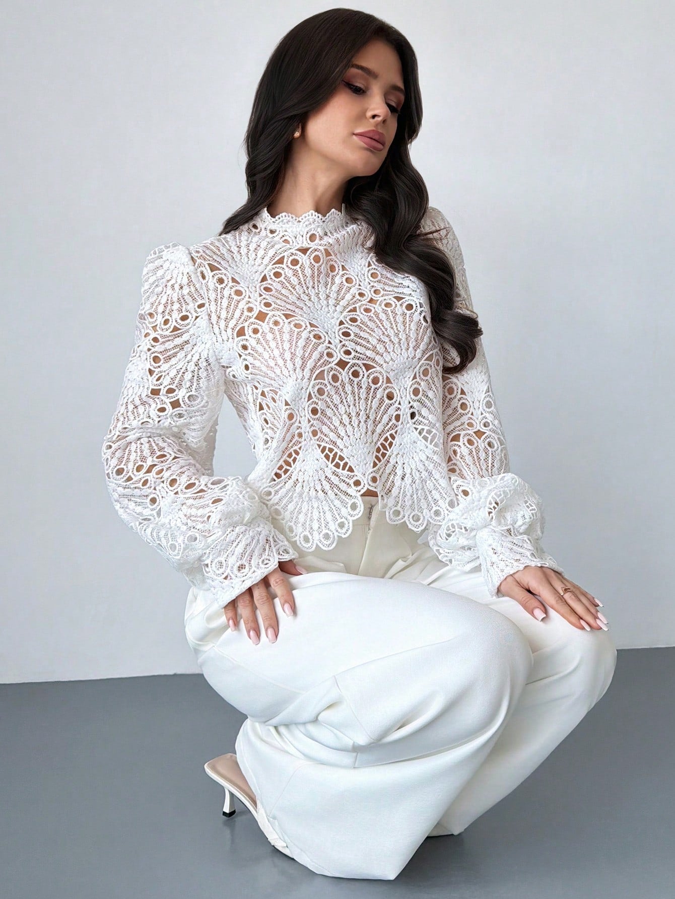 Firerie Women's Elegant Romantic Delicate Atmosphere New Year Party Valentine's Day Date Mandarin Collar Lace Sheer Lantern Sleeve White Blouse