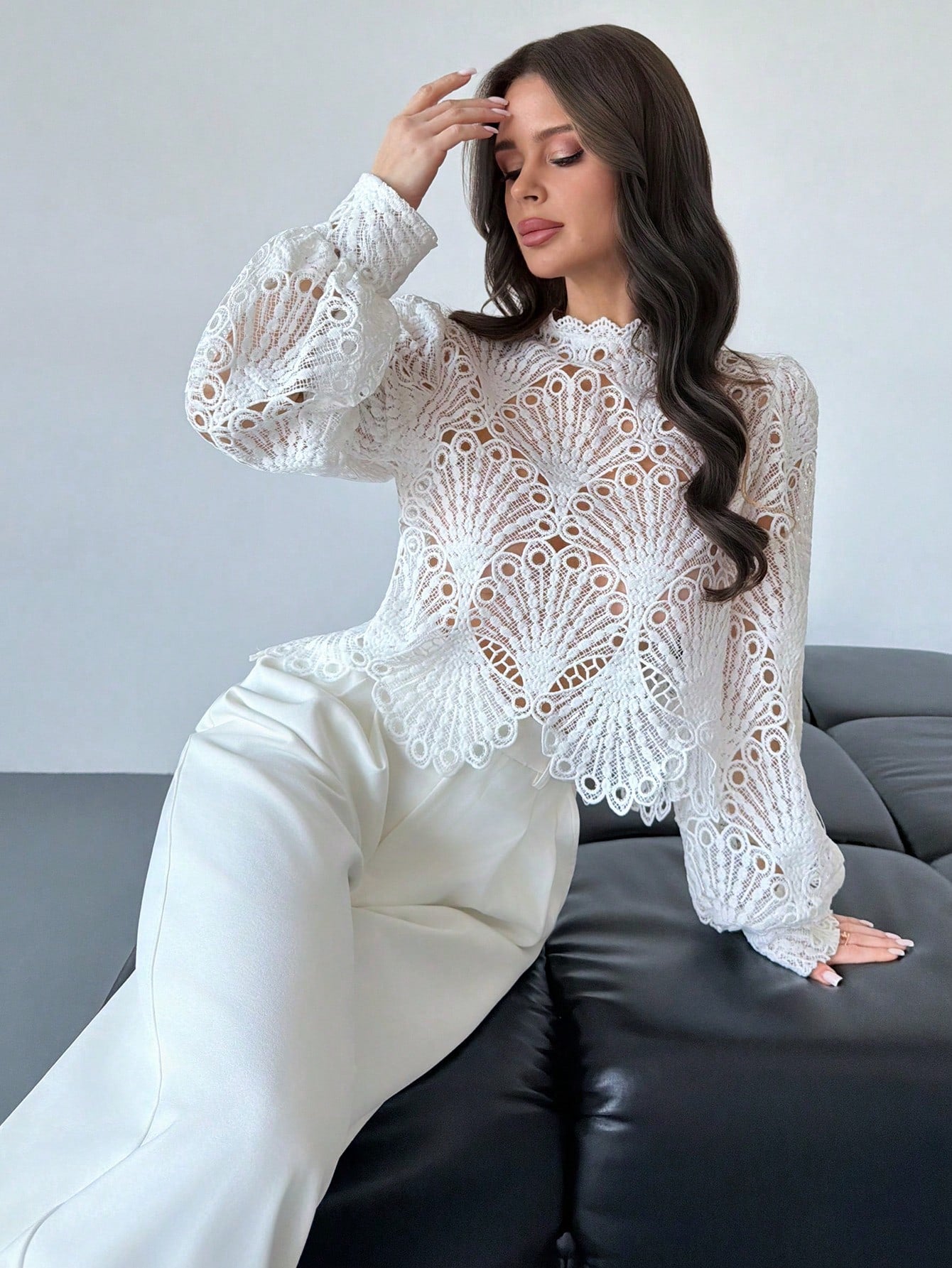Firerie Women's Elegant Romantic Delicate Atmosphere New Year Party Valentine's Day Date Mandarin Collar Lace Sheer Lantern Sleeve White Blouse