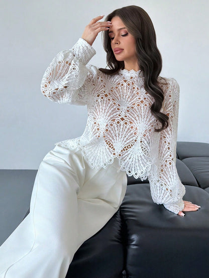 Firerie Women's Elegant Romantic Delicate Atmosphere New Year Party Valentine's Day Date Mandarin Collar Lace Sheer Lantern Sleeve White Blouse