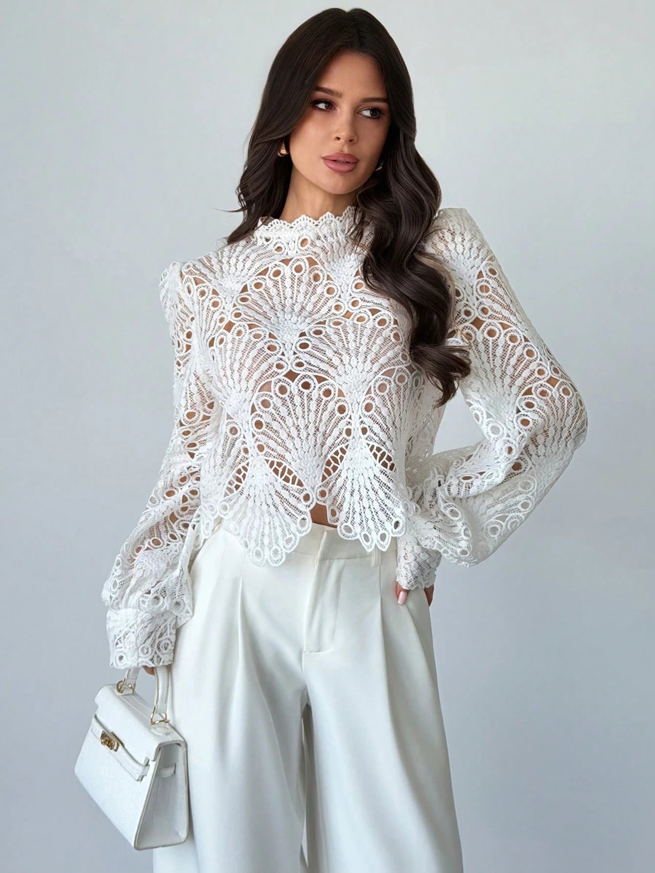 Firerie Women's Elegant Romantic Delicate Atmosphere New Year Party Valentine's Day Date Mandarin Collar Lace Sheer Lantern Sleeve White Blouse