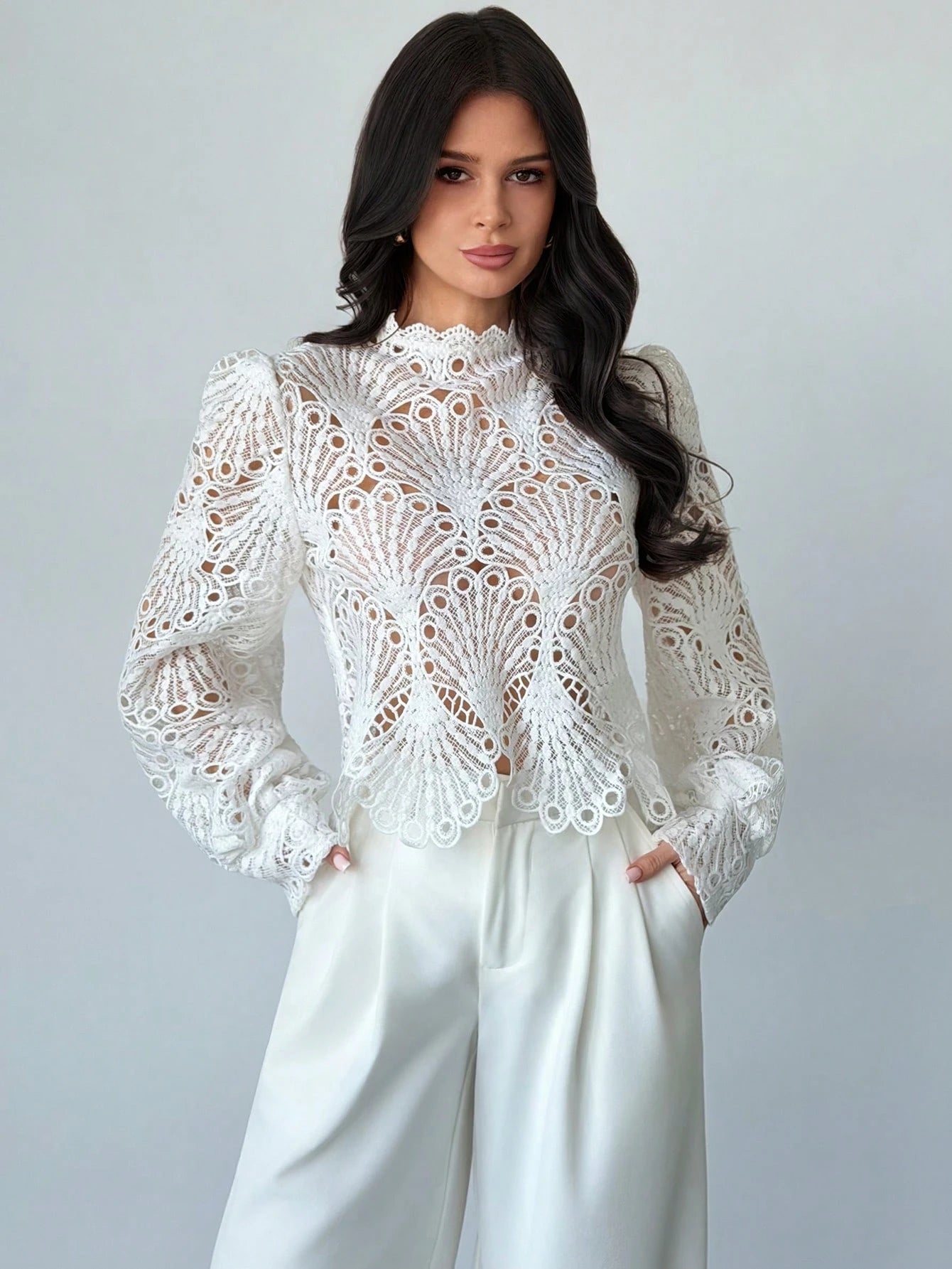 Firerie Women's Elegant Romantic Delicate Atmosphere New Year Party Valentine's Day Date Mandarin Collar Lace Sheer Lantern Sleeve White Blouse