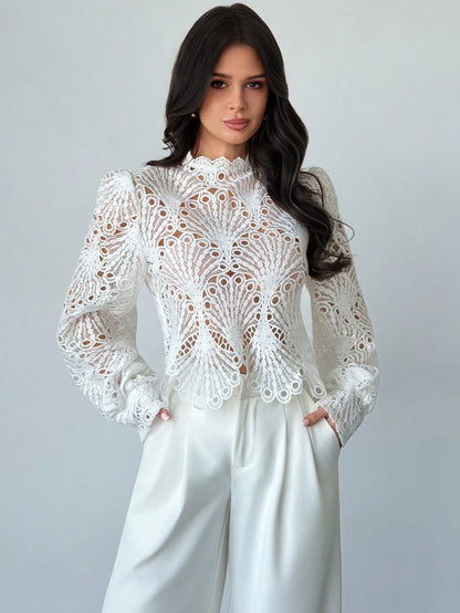 Firerie Women's Elegant Romantic Delicate Atmosphere New Year Party Valentine's Day Date Mandarin Collar Lace Sheer Lantern Sleeve White Blouse