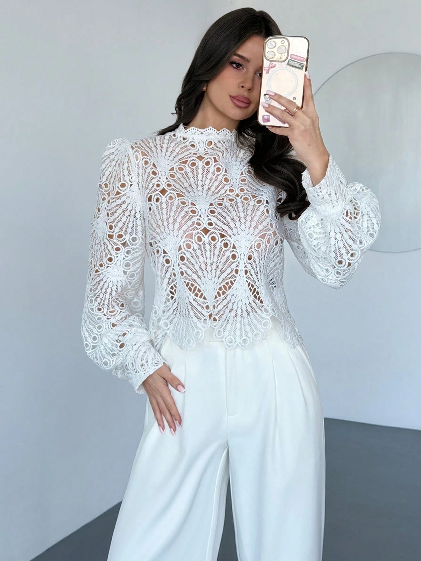 Firerie Women's Elegant Romantic Delicate Atmosphere New Year Party Valentine's Day Date Mandarin Collar Lace Sheer Lantern Sleeve White Blouse