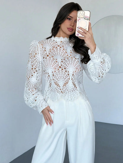 Firerie Women's Elegant Romantic Delicate Atmosphere New Year Party Valentine's Day Date Mandarin Collar Lace Sheer Lantern Sleeve White Blouse