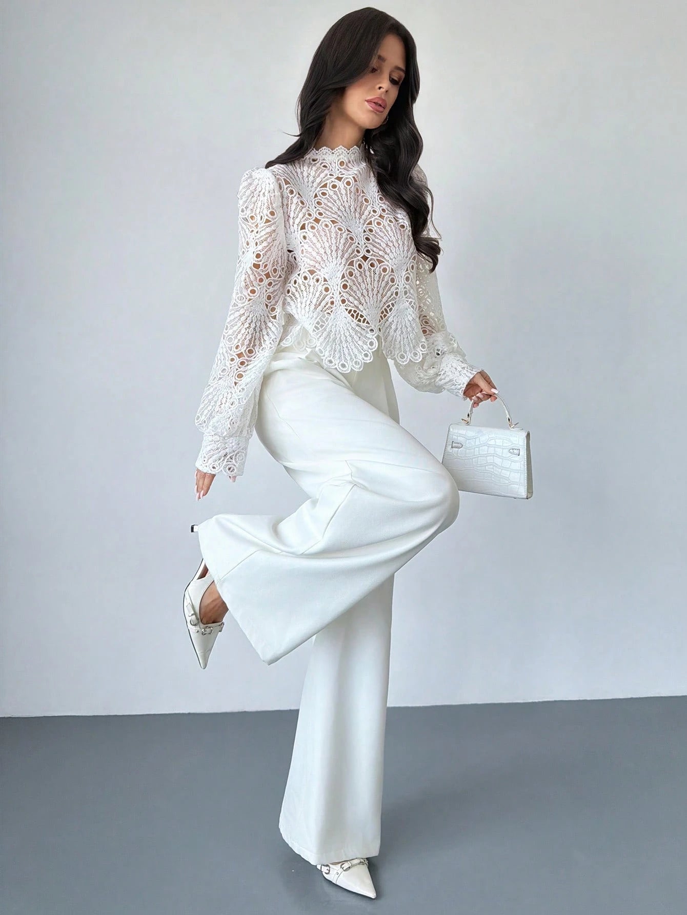 Firerie Women's Elegant Romantic Delicate Atmosphere New Year Party Valentine's Day Date Mandarin Collar Lace Sheer Lantern Sleeve White Blouse