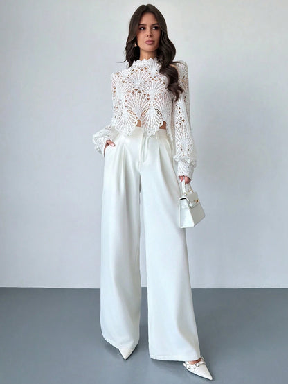 Firerie Women's Elegant Romantic Delicate Atmosphere New Year Party Valentine's Day Date Mandarin Collar Lace Sheer Lantern Sleeve White Blouse