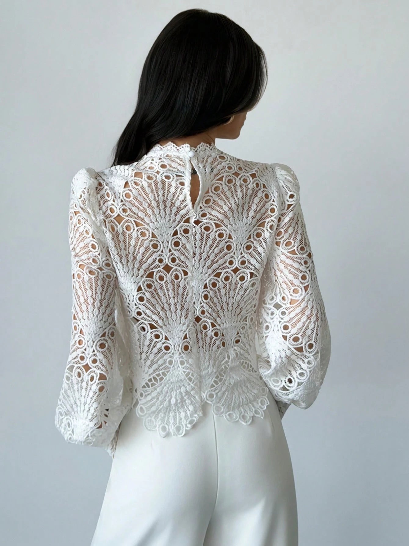 Firerie Women's Elegant Romantic Delicate Atmosphere New Year Party Valentine's Day Date Mandarin Collar Lace Sheer Lantern Sleeve White Blouse