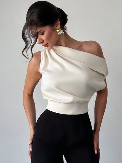 Firerie Women's Elegant Sexy Asymmetric-Shoulder Top,Cream White Summer Pleated Blouse,Tropical Cocktail Party Night Out Apparel,Versatile Office Daily