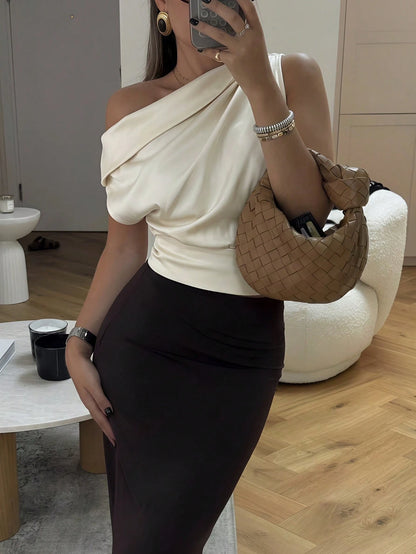 Firerie Women's Elegant Sexy Asymmetric-Shoulder Top,Cream White Summer Pleated Blouse,Tropical Cocktail Party Night Out Apparel,Versatile Office Daily