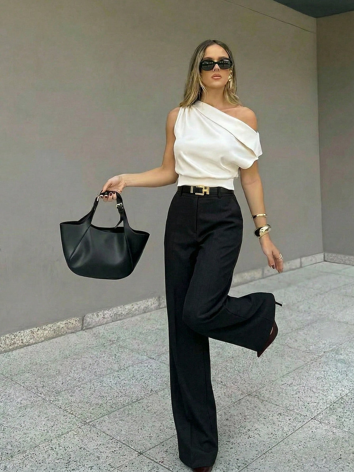 Firerie Women's Elegant Sexy Asymmetric-Shoulder Top,Cream White Summer Pleated Blouse,Tropical Cocktail Party Night Out Apparel,Versatile Office Daily