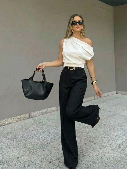 Firerie Women's Elegant Sexy Asymmetric-Shoulder Top,Cream White Summer Pleated Blouse,Tropical Cocktail Party Night Out Apparel,Versatile Office Daily