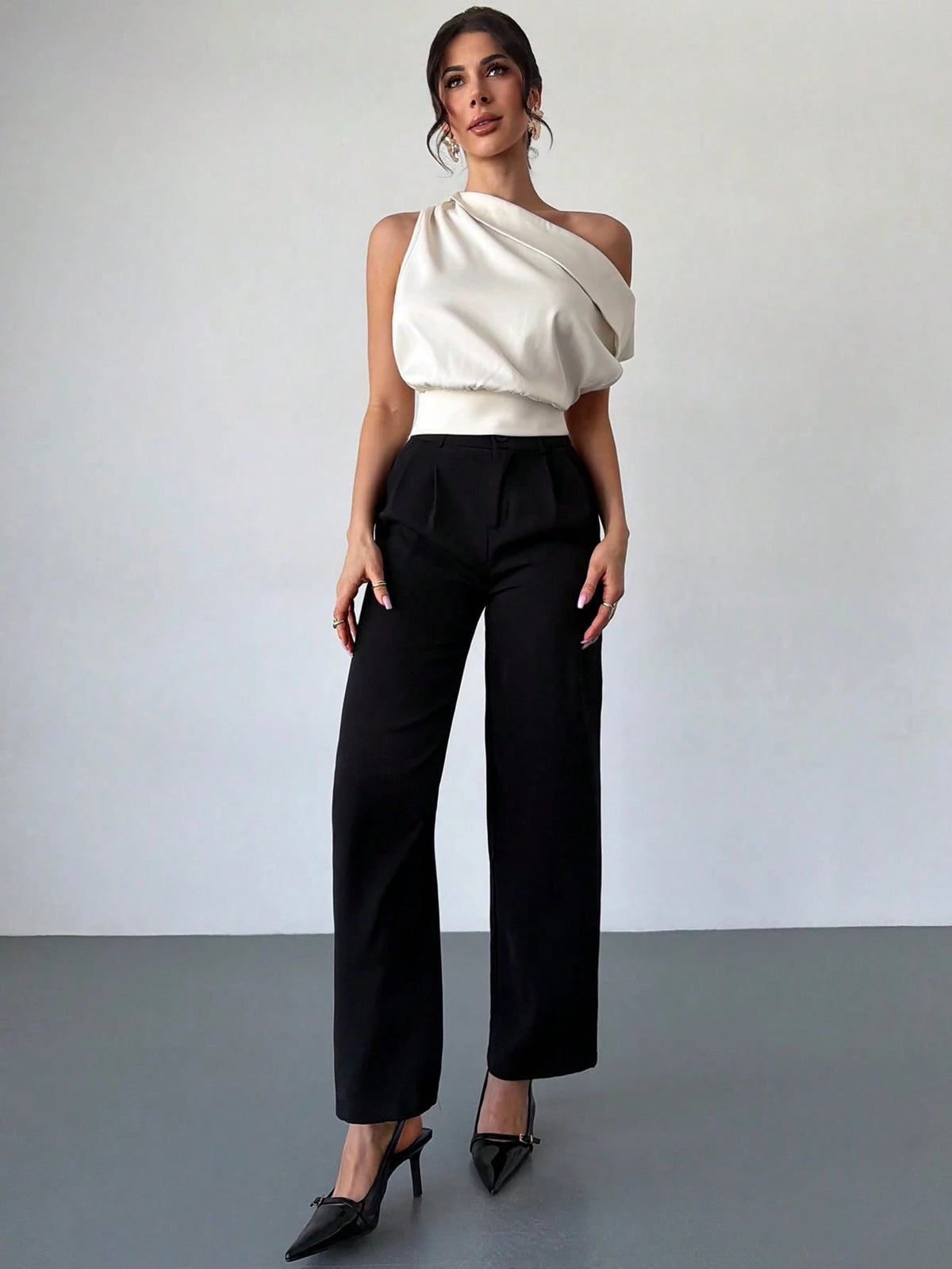 Firerie Women's Elegant Sexy Asymmetric-Shoulder Top,Cream White Summer Pleated Blouse,Tropical Cocktail Party Night Out Apparel,Versatile Office Daily