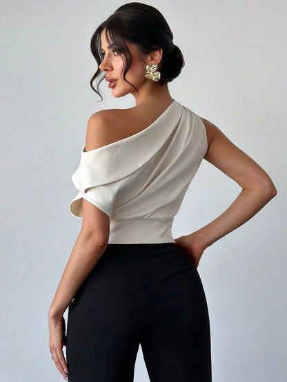 Firerie Women's Elegant Sexy Asymmetric-Shoulder Top,Cream White Summer Pleated Blouse,Tropical Cocktail Party Night Out Apparel,Versatile Office Daily