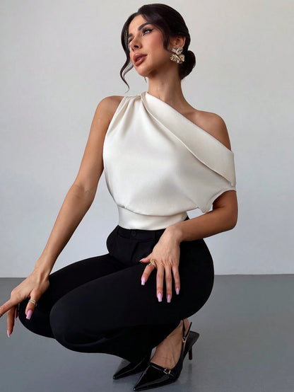 Firerie Women's Elegant Sexy Asymmetric-Shoulder Top,Cream White Summer Pleated Blouse,Tropical Cocktail Party Night Out Apparel,Versatile Office Daily