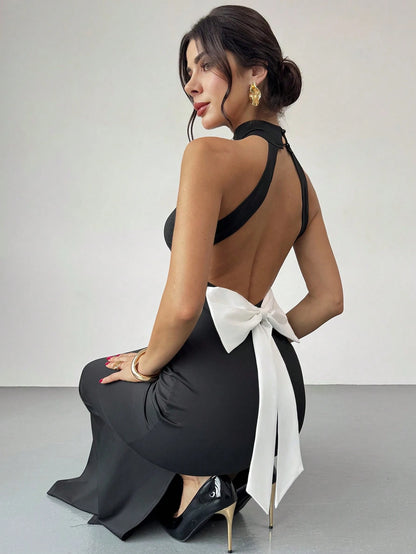 Firerie Women's Elegant Sexy Sophisticated Black And White Summer Maxi Dress, Day Party Night Ball Wedding Guest Valentine's Day Halter Backless Bow Bodycon