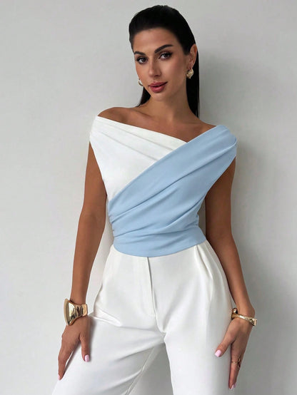 Firerie Women's Elegant Summer White And Blue Sleeveless Crop Top,Formal Minimalist Chic Asymmetric Ruffle Hem Contrast Color,Daily Commute Music Festival