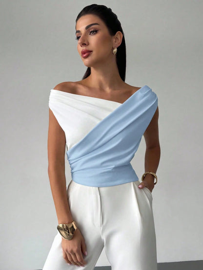 Firerie Women's Elegant Summer White And Blue Sleeveless Crop Top,Formal Minimalist Chic Asymmetric Ruffle Hem Contrast Color,Daily Commute Music Festival