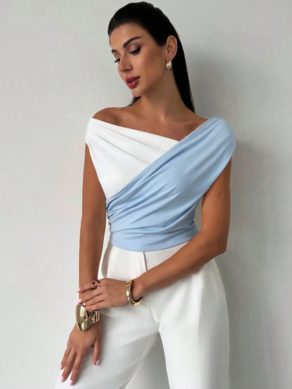 Firerie Women's Elegant Summer White And Blue Sleeveless Crop Top,Formal Minimalist Chic Asymmetric Ruffle Hem Contrast Color,Daily Commute Music Festival